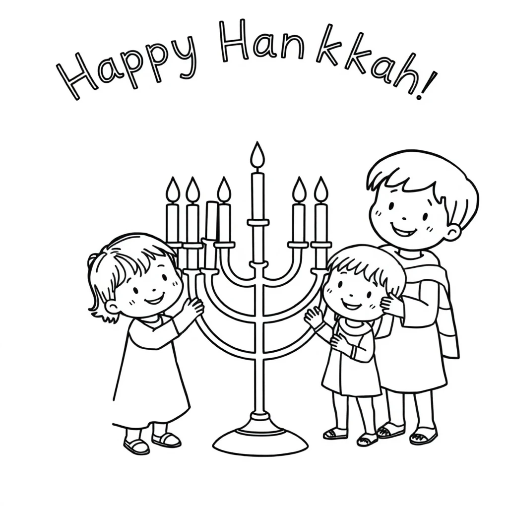 דף צביעה ילדים שמחים בחנוכה להדפסה