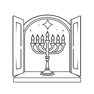 דף צביעה חנוכייה בחלון להדפסה