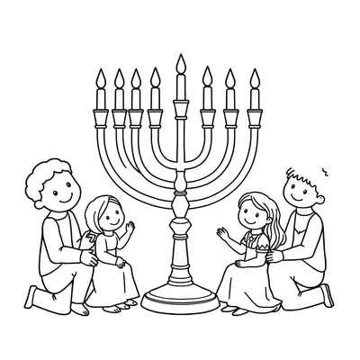 דף צביעה משפחה ליד החנוכייה להדפסה