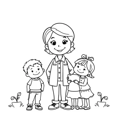 דף צביעה גננת עם ילדים להדפסה