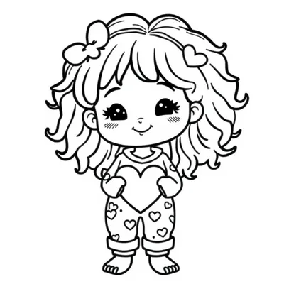 דף צביעה ילדה בפיג''מת לבבות להדפסה